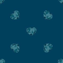 Seamless pattern of segment polygonal triangulation geometric vector crystal hearts on dark blue background.