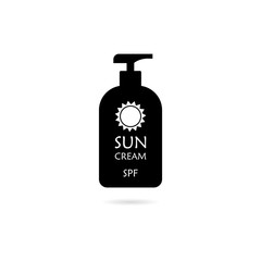 Black Sun cream bottle icon or logo, isolated on white, Sunscream Protection Cosmetics 