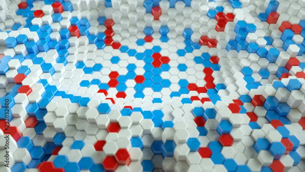 Poster white red and blue hexagon shapes. abstract honeycomb structure. 3d render seamless loop animation