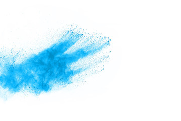Fototapeta na wymiar Blue powder explosion on white background. Colored cloud. Colorful dust explode. Paint Holi.