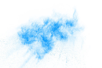 Blue powder explosion on white background. Colored cloud. Colorful dust explode. Paint Holi.