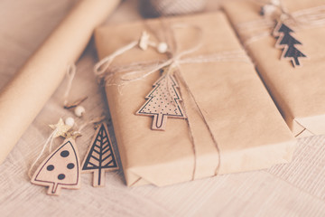 Christmas theme. Handmade Gift wrapping for Christmas and New Year.