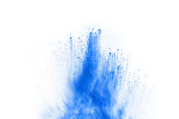 Obraz na płótnie Canvas Blue powder explosion on white background. Colored cloud. Colorful dust explode. Paint Holi.