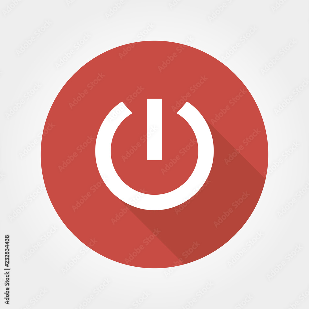Poster power button circle icon with long shadow. flat design style. power on off button simple silhouette.
