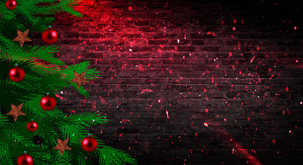 Christmas background. Snacks, spruce branches, celebratory sparks.