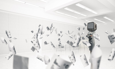 Business woman with an old TV instead of head.