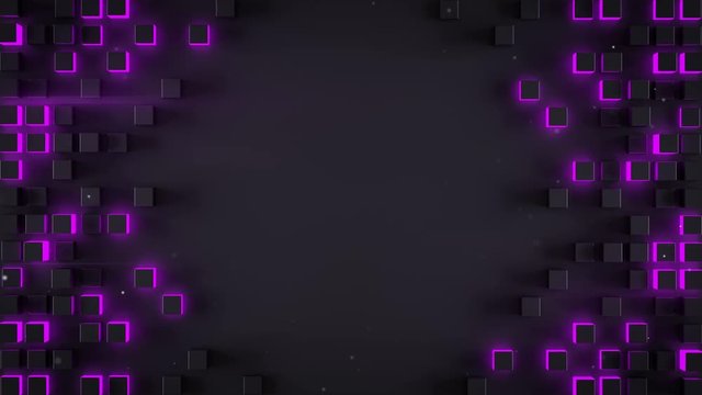 Frame of glowing purple cubes. Futuristic surface with hexagonal shapes. Seamless loop animation 3D render 4k UHD 3840x2160
