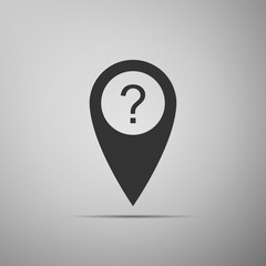 Map pointer with Question symbol icon isolated on grey background. Marker location sign. For location maps. Sign for navigation. Index location on map. Flat design. Vector Illustration