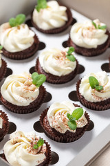 Chocolate cupcakes with cheese cream and mint leaves in delivery box