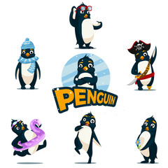 Collection of characters cartoon penguins. Vector illustration.