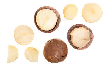Shelled and unshelled macadamia nuts isolated on white background. Set or collection. Top view. Flat lay pattern
