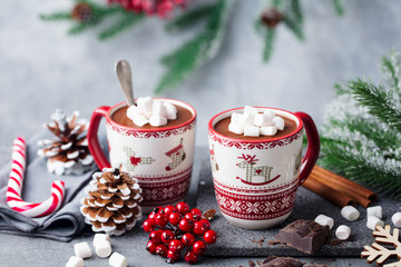 Hot chocolate drink with marshmallows. Christmas, New Year decoration. Grey background. Close up....