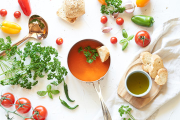 Gazpacho soup in a metal pan with fresh tomatoes, green sauce, chili, garlic, Basil and French baguette on a white background. Top view
