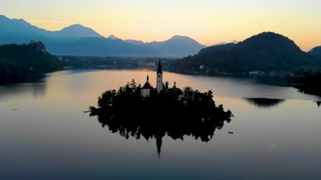 Bled lake slovenia sunrise aerial view from sky at mornig, lake bled austria 4k.