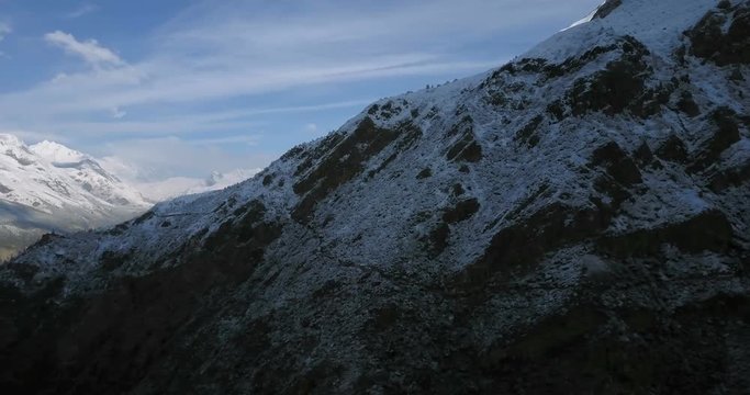 Panning right to left high altitude panoramic view, reveal of snow capped Annapurna range of Himalayan mountain peaks using drone at elevation 4000m above sea level in Nepal. 4k 1.9:1 23.976fps