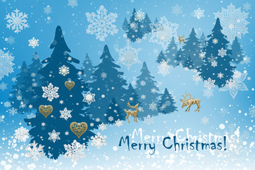 Christmas and New Year decorations: Christmassy fir-tree with snowflakes on blue background.