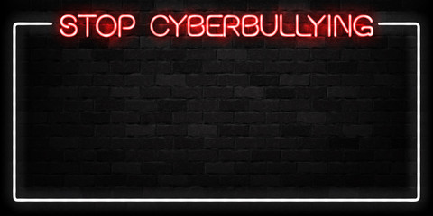 Vector realistic isolated neon sign of Stop Cyberbullying frame logo for decoration and covering on the wall background.
