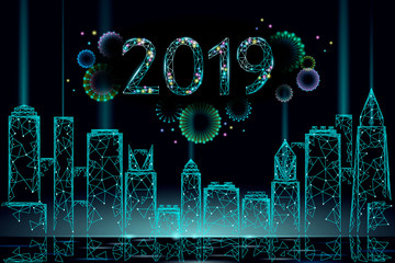 Modern skyscraper holiday Christmas fireworks cityscape. New Year 3D polygonal point line dark blue night sky eve greeting card template. 2019 date number city silhouette vector illustration