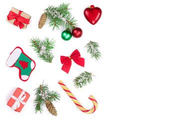 Christmas background with fir branches and decoration isolated on white background with copy space for your text
