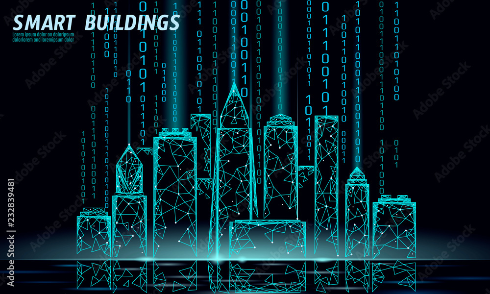 Poster low poly smart city 3d wire mesh. intelligent building automation system business concept. binary co