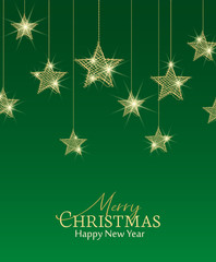 Vector illustration of a Christmas background. Merry Christmas card with golden stars. Gold decoration on green background