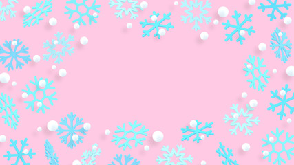 Snowflakes frame. New Year wallpaper. 3d snowflakes. Year of Pig. Winter holiday. Christmas. December. Pastel. Minimalism. Trendy modern illustration.