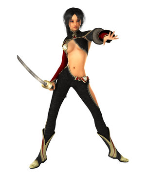 Asian Woman Warrior Standing With Katana Weapon In Hand. 3D Rendering.