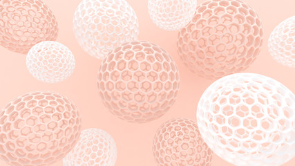 3d spheres with holes. Perforated balls background. Abstract wallpaper. Flying bubbles. Trendy modern illustration. 3d rendering. Cell. Poster backdrop. Pastel colors. Minimal style.