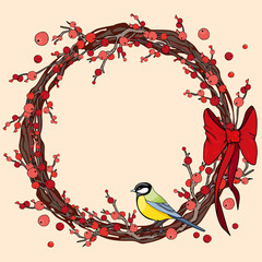 New Year and Christmas wreath. Traditional winter garland with red holly berries, tit and red bow. Greeting card.