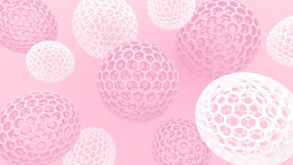 3d spheres with holes. Perforated balls background. Abstract wallpaper. Flying bubbles. Trendy modern illustration. 3d rendering. Cell. Poster backdrop. Pastel colors. Minimal style.