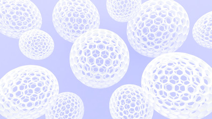 3d spheres with holes. Perforated balls background. Abstract wallpaper. Flying bubbles. Trendy modern illustration. 3d rendering. Cell. Poster backdrop. Pastel colors. Minimal style.