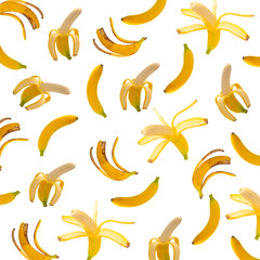 fresh whole and peeled bananas background pattern isolated on white
