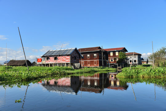floating house in Inle village with beautiful blue sky in Mandalay,Myanmar