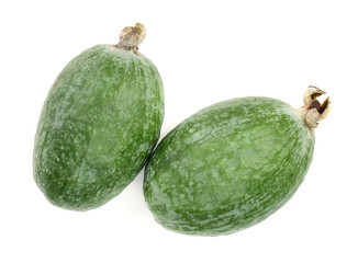 Tropical fruit feijoa Acca sellowiana isolated on white background. Top view. Flat lay pattern