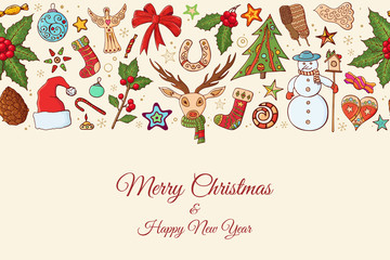 Seamless festive border pattern with traditional Christmas symbols and decoration.