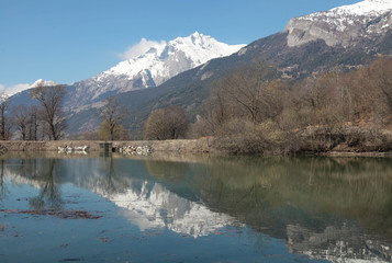 Spring in Switzerland. Lake and mountains.