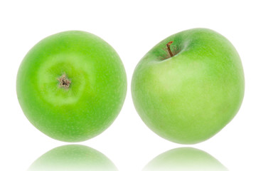 Green apples isolated on white with reflection on surface