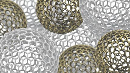 3d spheres with holes. Perforated balls background. Abstract wallpaper. Flying bubbles. Trendy modern illustration. 3d rendering. Cell. Gold. Silver. Poster backdrop.