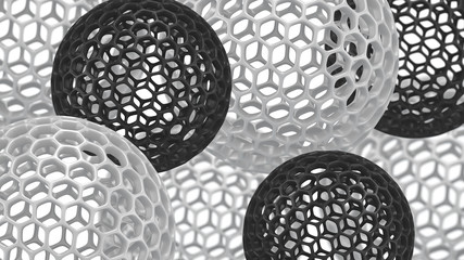 3d spheres with holes. Perforated balls background. Abstract wallpaper. Flying bubbles. Trendy modern illustration. 3d rendering. Cell. Poster backdrop.
