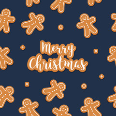 Fototapeta na wymiar Merry Christmas gingerbread man cookie seamless pattern blue background