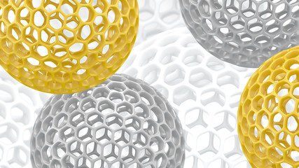 3d spheres with holes. Perforated balls background. Abstract wallpaper. Flying bubbles. Trendy modern illustration. 3d rendering. Cell. Gold. Silver. Poster backdrop.