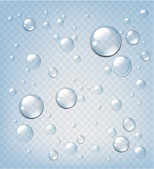 Transparent vector realistic water drops on light background