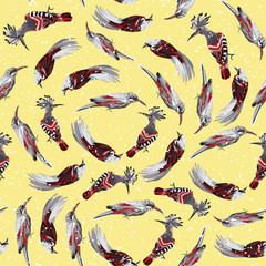 Black white with red tropical birds seamless yellow background