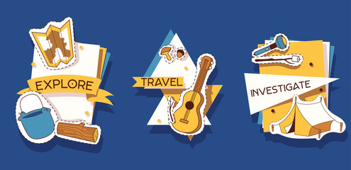 Camping stickers vector illustration. Explore, travel, investigate. Outdoor activities. Close to nature. Hiking and adventures. Equipment for travelling.