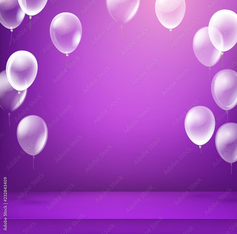 Poster Violet illuminated room with balloons. Vector illustration. Advertising frame ready for a text