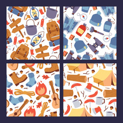 Camping hiking stickers seamless pattern vector illustration. Cartoon tourism equipment for travelling wallpaper.