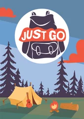 Fotobehang Camping time poster vector ilustration. Night landscape with tent, campfire guitar and forest. Background for summer camp, nature tourism, camping or hiking flyer, banner. © Vectorvstocker