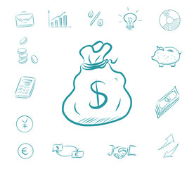 Icon finance set - money bag. Business icons with biggy bank, calculator, charts. Exchange dollars and euros, businessman handshake, idea bulb, arrows