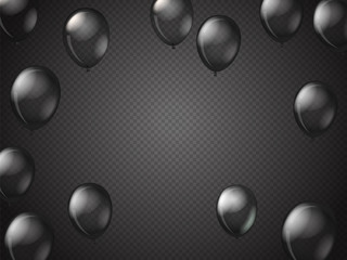 Flying black transparent balloons on dark transparent background