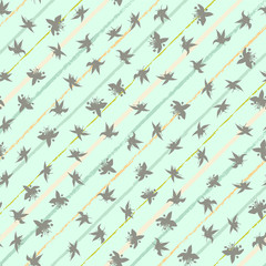 Cacao tree flower silhouettes on diagonal stripes seamless vector pattern background.